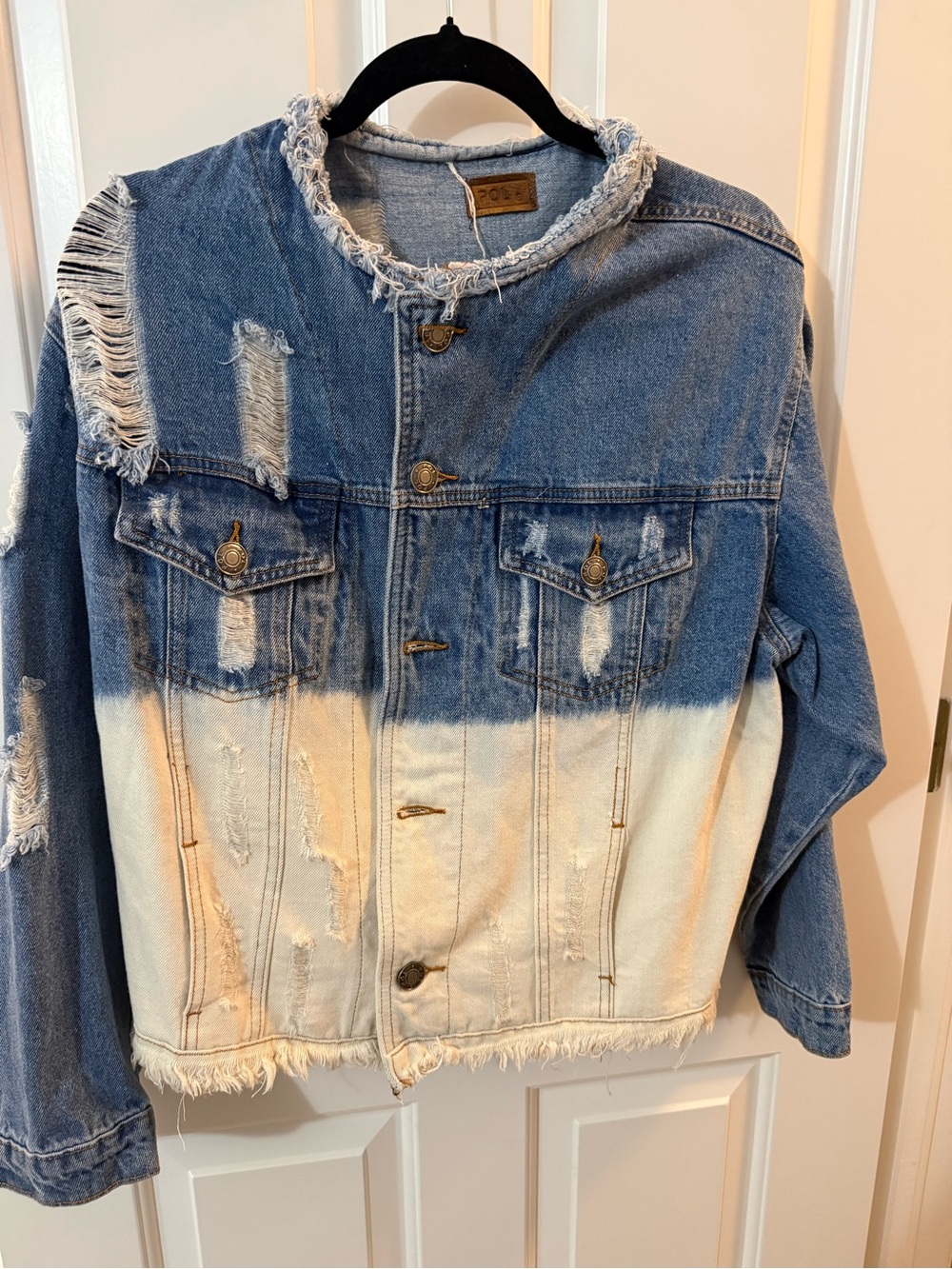 POL Two-Tone Distressed Denim Jacket - Blue & Cream